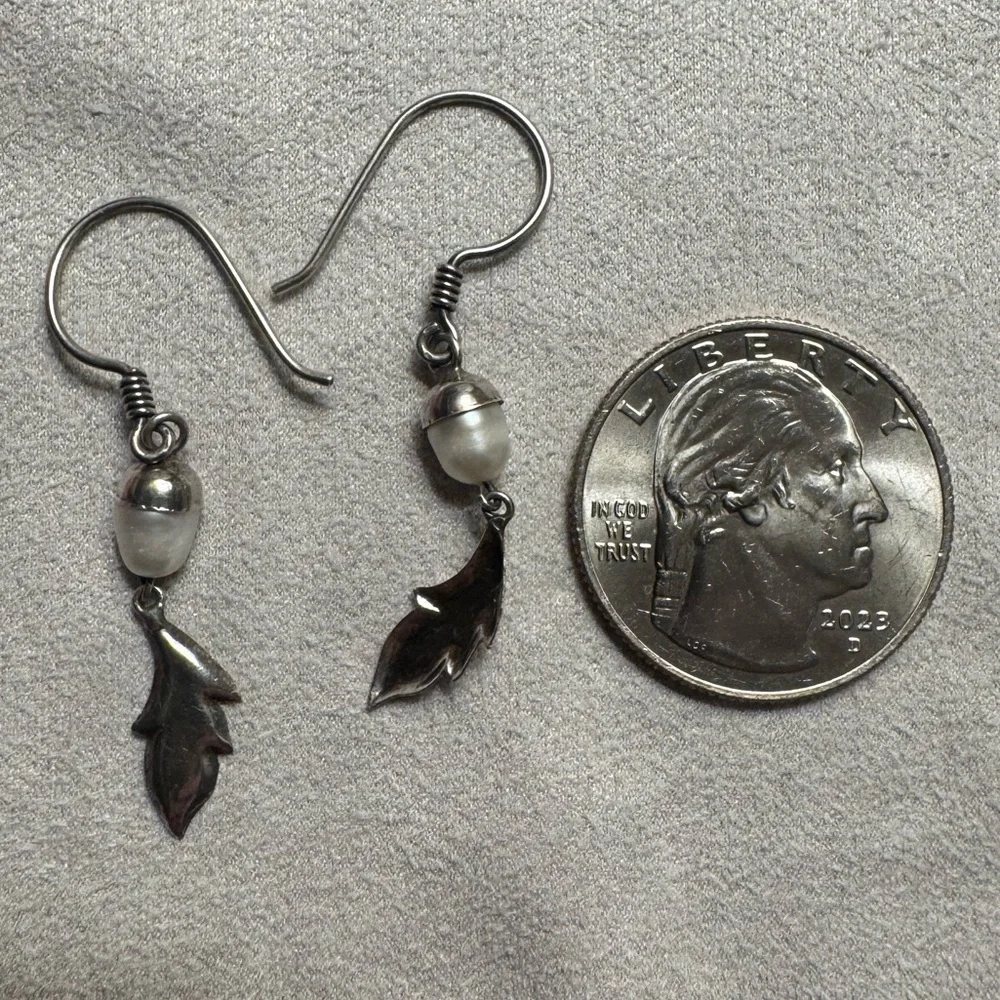 Nature Inspired Acorn Pearl Leaf Silver Drop Earrings